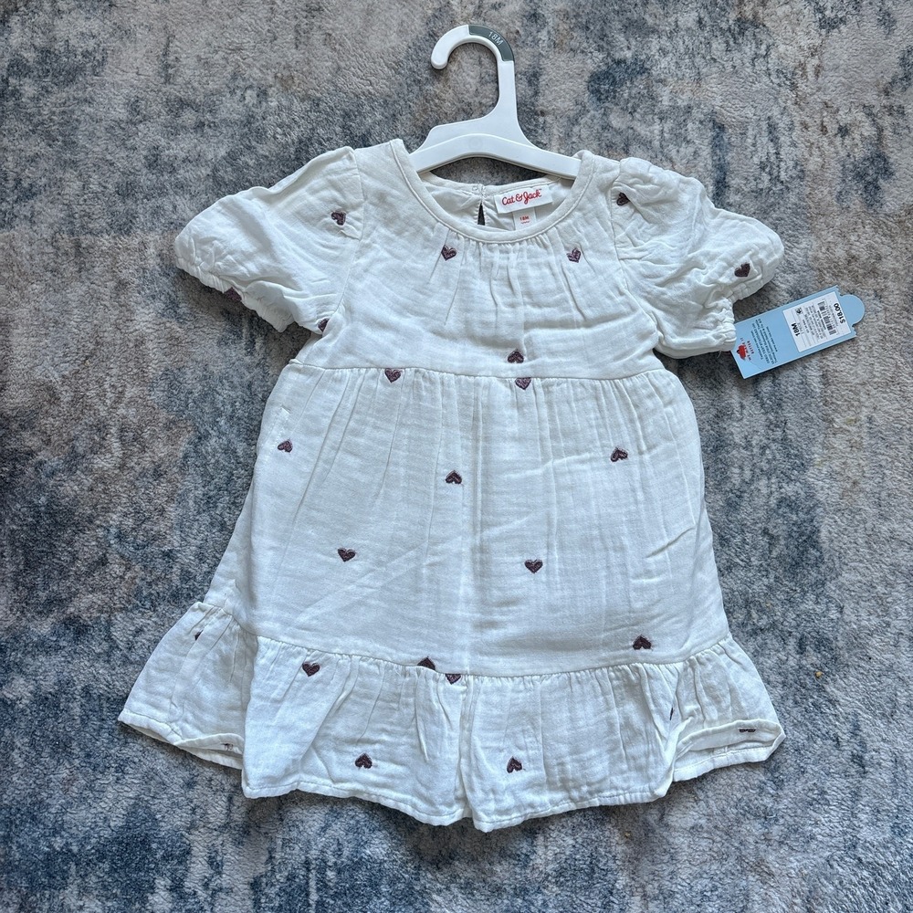 Cat‎ and Jack Girls Dress 18 Months White Gauzy Embroidered Hearts Purple NEW